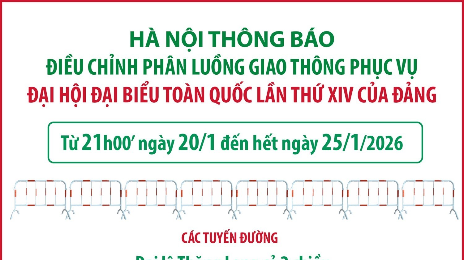 [Infographic] Hà Nội điều chỉnh phân luồng giao thông phục vụ Đại hội Đảng XIV