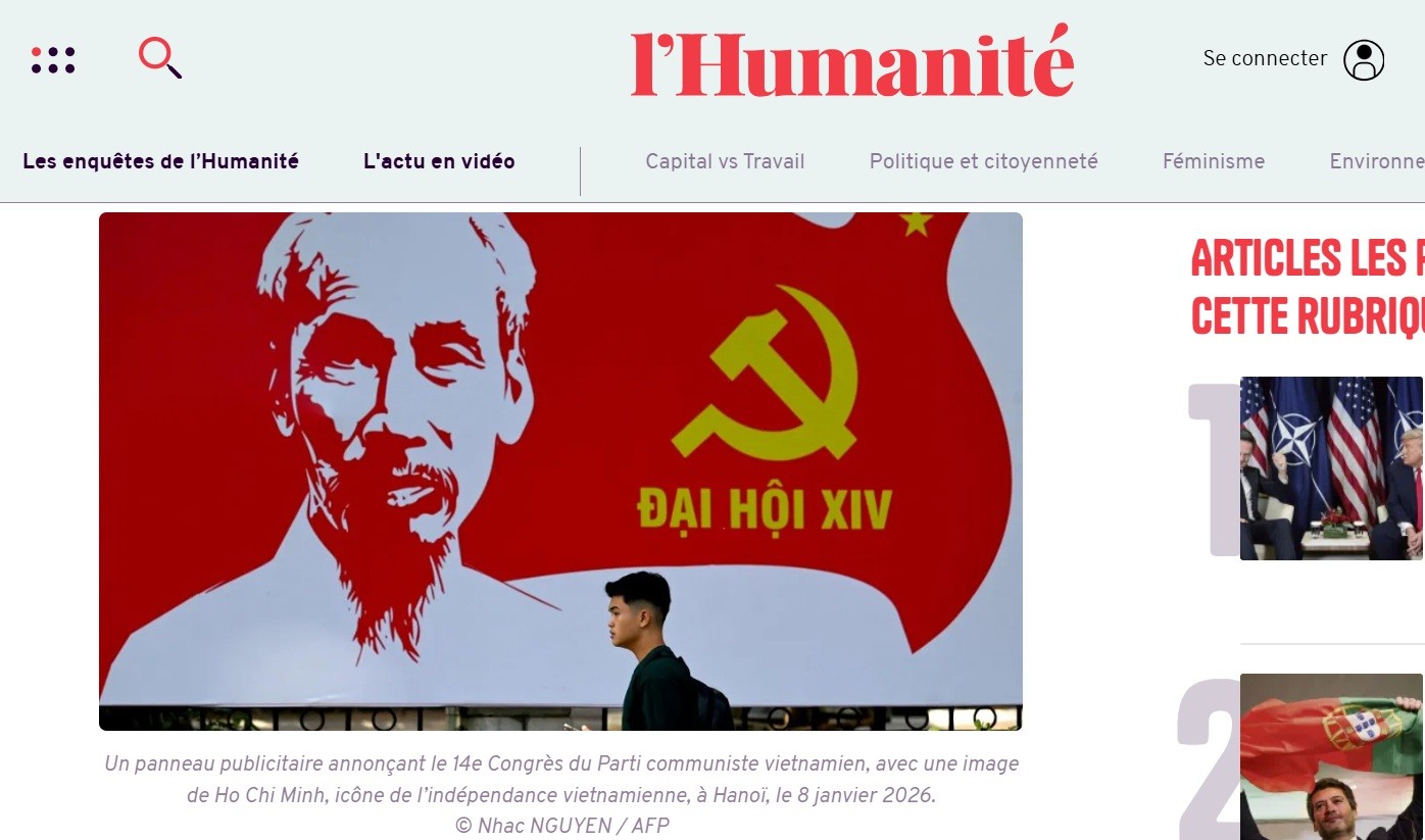 Hình ảnh bài báo trên tờ L’Humanité ngày 23/1 viết về Đại hội XIV của Đảng Cộng sản Việt Nam (ảnh chụp màn hình). Hình ảnh bài báo trên tờ L’Humanité ngày 23/1 viết về Đại hội XIV của Đảng Cộng sản Việt Nam (ảnh chụp màn hình).