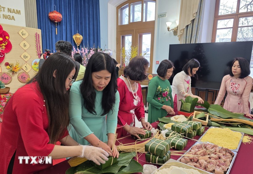 Các phu nhân cán bộ, nhân viên Đại sứ quán và các cơ quan bên cạnh Đại sứ quán tại Nga tham gia gói bánh chưng. (Ảnh: Trần Hải/TTXVN)