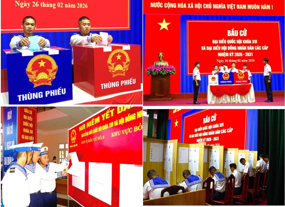 Cán bộ, chiến sĩ Vùng 2 Hải quân thực hiện nhiệm vụ bầu cử sớm, ngày 26/02/2026. Đây là đơn vị đầu tiên trong cả nước tổ chức bầu cử sớm.(Ảnh: Bộ Quốc phòng) Cán bộ, chiến sĩ Vùng 2 Hải quân thực hiện nhiệm vụ bầu cử sớm, ngày 26/02/2026. Đây là đơn vị đầu tiên trong cả nước tổ chức bầu cử sớm.(Ảnh: Bộ Quốc phòng)