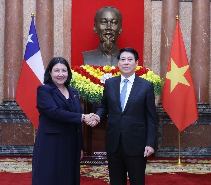 Chủ tịch nước Lương Cường tiếp Đại sứ Cộng hoà Chile Nasly Isabel Bernal Prado trình Quốc thư, nhận nhiệm vụ tại Việt Nam. Ảnh: VPCTN
