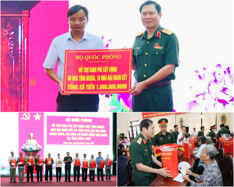 Bộ Quốc phòng trao kinh phí xây dựng 16 căn nhà, tặng 100 phần quà tại Đồng Tháp