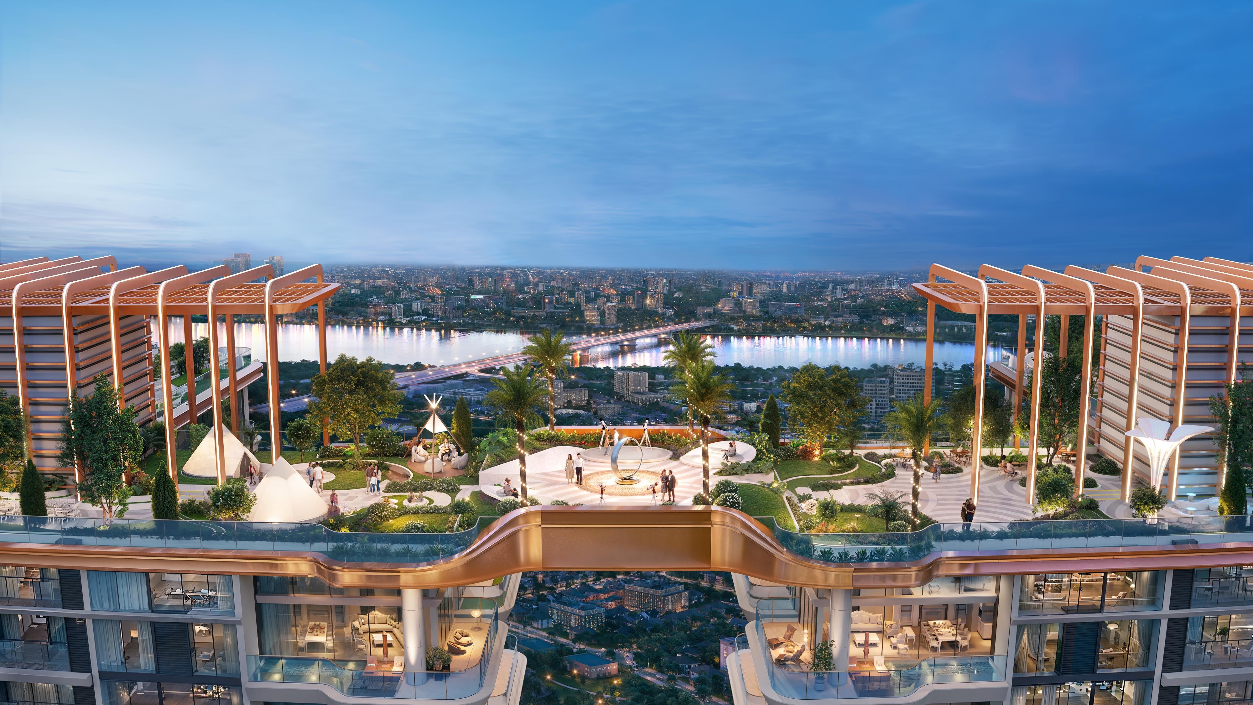 Các khu vườn và tiện ích trên cao tại Rivea Residences góp phần kiến tạo môi trường sống xanh, riêng tư và giàu tính kết nối cho cộng đồng cư dân. (Ảnh: Meygroup)