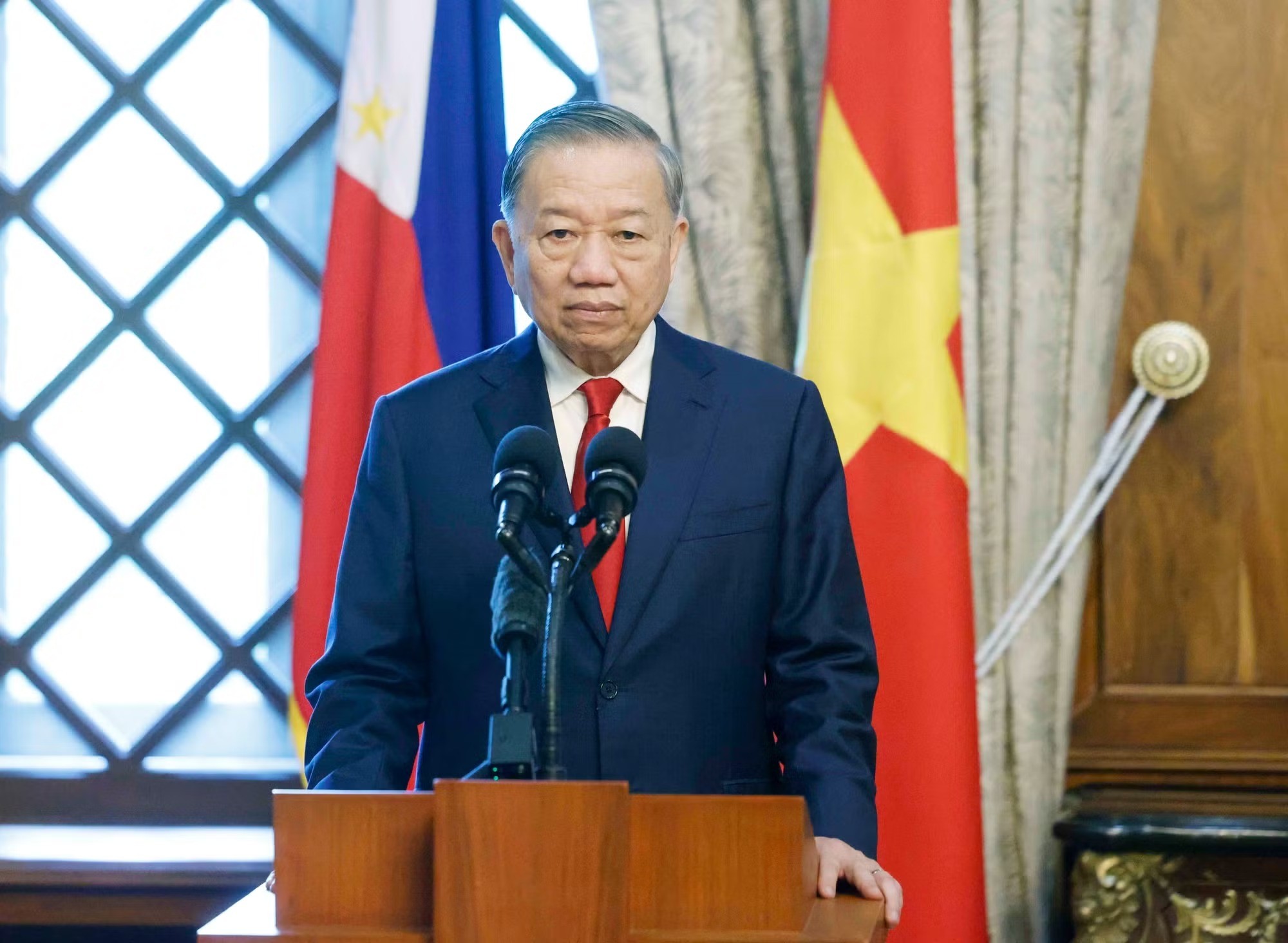 Tổng Bí thư, Chủ tịch nước Tô Lâm phát biểu tại cuộc gặp gỡ báo chí, thông báo kết quả hội đàm. (Ảnh: Thống Nhất/TTXVN)