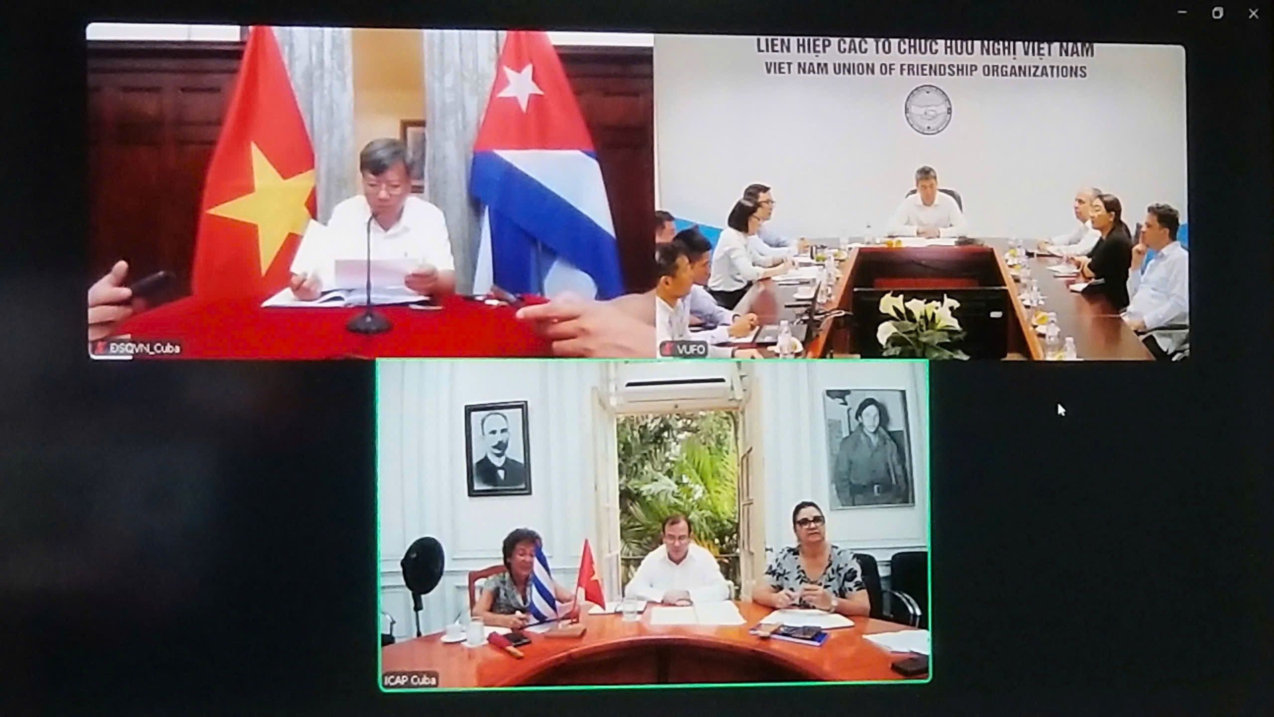 Hội đàm trực tuyến giữa Liên hiệp các tổ chức hữu nghị Việt Nam và Viện Cuba hữu nghị với các dân tộc. (Ảnh: Ban Châu Mỹ - Châu Đại Dương cung cấp) Hội đàm trực tuyến giữa Liên hiệp các tổ chức hữu nghị Việt Nam và Viện Cuba hữu nghị với các dân tộc. (Ảnh: Ban Châu Mỹ - Châu Đại Dương cung cấp)