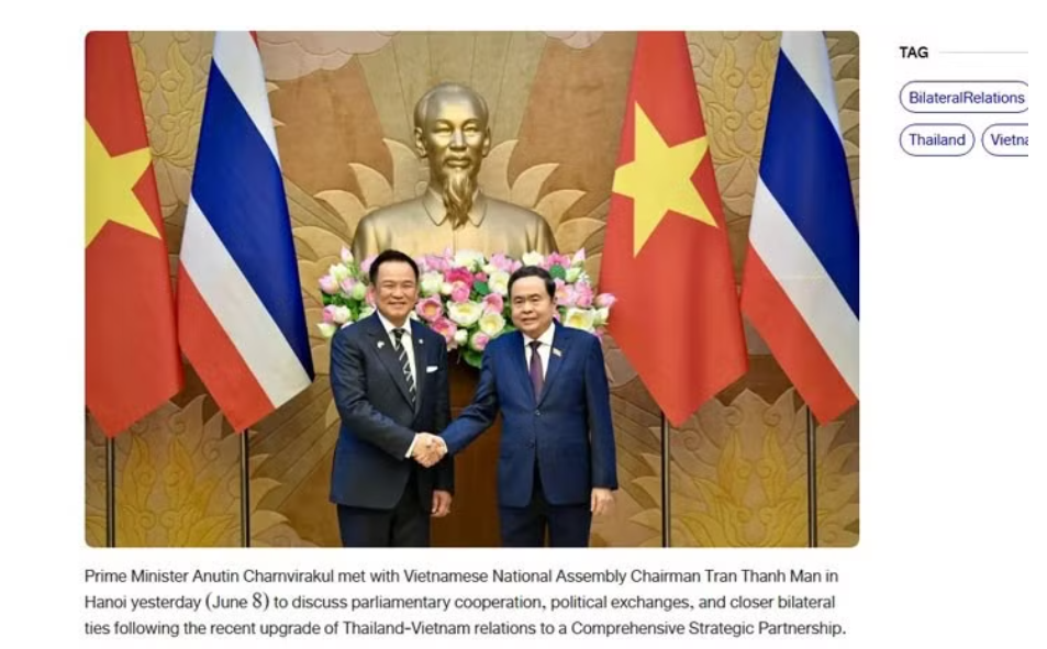 Tin Chủ tịch Quốc hội Trần Thanh Mẫn hội kiến Thủ tướng Anutin Charnvirakul trên NBT. (Ảnh chụp màn hình)