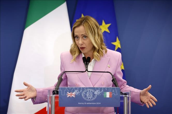 Thủ tướng Italy Giorgia Meloni phát biểu trong một cuộc họp báo tại Rome. Ảnh: THX/TTXVN Thủ tướng Italy Giorgia Meloni phát biểu trong một cuộc họp báo tại Rome. Ảnh: THX/TTXVN