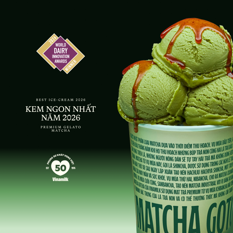 (Ảnh 5A): Vinamilk Gelato Matcha Gotcha vượt qua nhiều đối thủ nổi tiếng toàn cầu để giành giải Kem ngon nhất (Ảnh: VN).    (Hoặc Ảnh 5B): Quyết định táo bạo đi ngược lối mòn trong thiết kế của ngành hàng, đã giúp dòng kem Gelato của Vinamilk mang về giải Thiết kế bao bì xuất sắc nhất (Ảnh: VN).