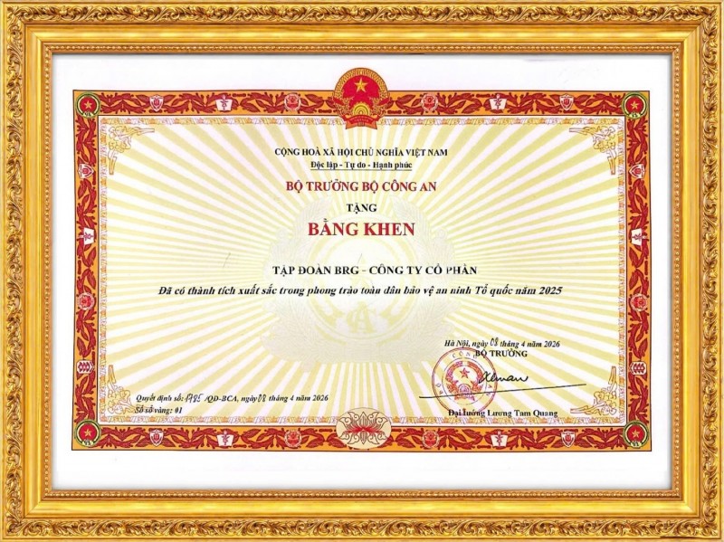 Bằng khen của Bộ Công An trao tặng Tập đoàn BRG tại Hội nghị tổng kết Phong trào Bảo vệ An ninh Tổ quốc năm 2025 Bằng khen của Bộ Công An trao tặng Tập đoàn BRG tại Hội nghị tổng kết Phong trào Bảo vệ An ninh Tổ quốc năm 2025